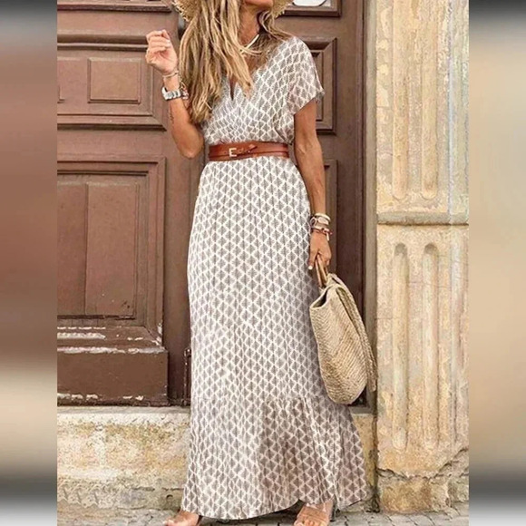 Casual Summer Printed Wrap V-Neck Batwing Sleeve High Slit A-Line Dress - Picture 3 of 4